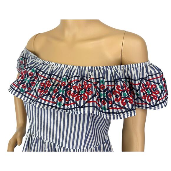 2/$15 Flying Tomato Embroidered Off Shoulder Dress Blue Striped Size M - Picture 6 of 8